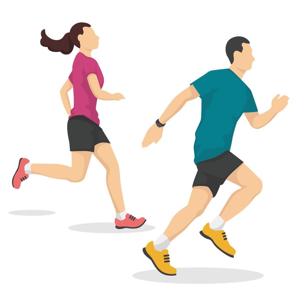 Man and woman are running in modern style vector illustration, healthy person simple flat shadow isolated on white background.