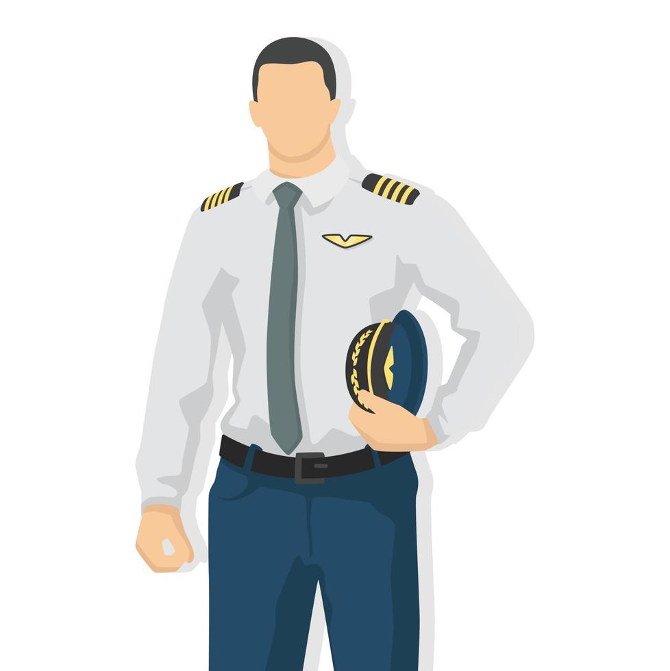 Airplane pilot in modern style vector illustration, man simple flat shadow isolated on white background, captain.