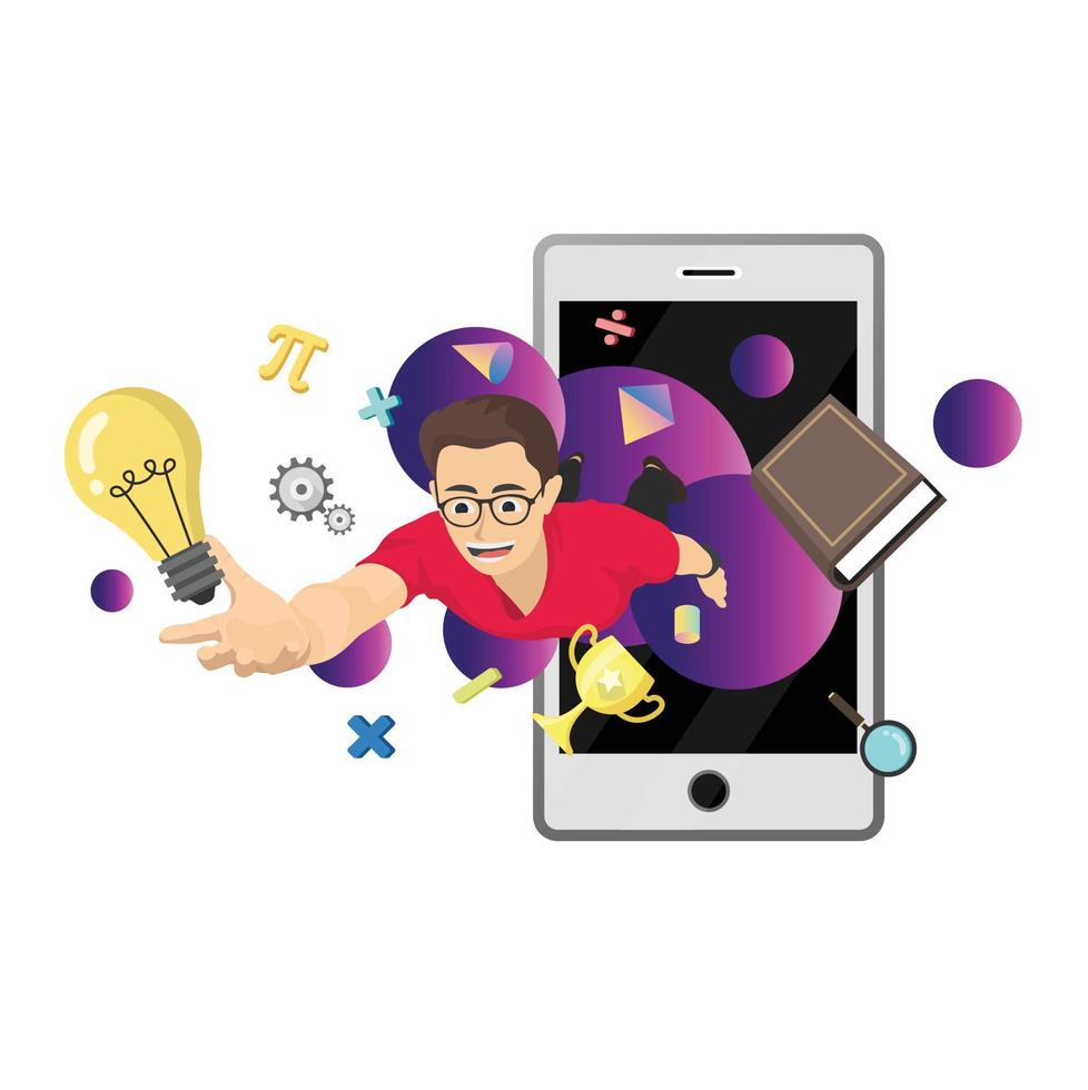 Flying boy with studying icon in simple flat style vector, online learning with computer or phone abstract concept background. vector