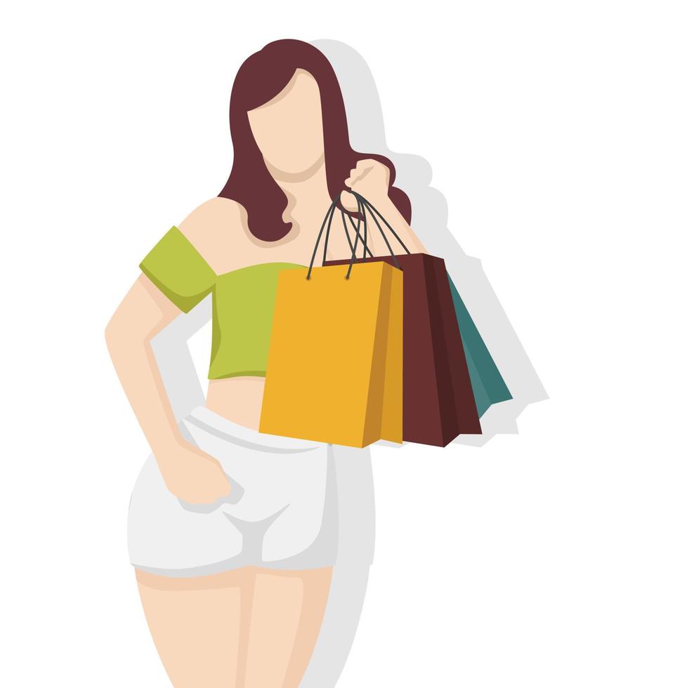 Happy woman with shopping bag in modern flat style, simple people and fashion concept on white background. vector