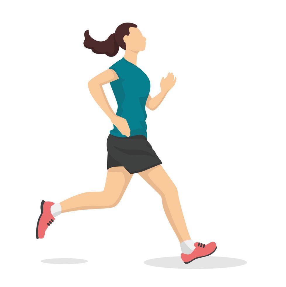 Running woman in modern style vector illustration, healthy person simple flat shadow isolated on white background.