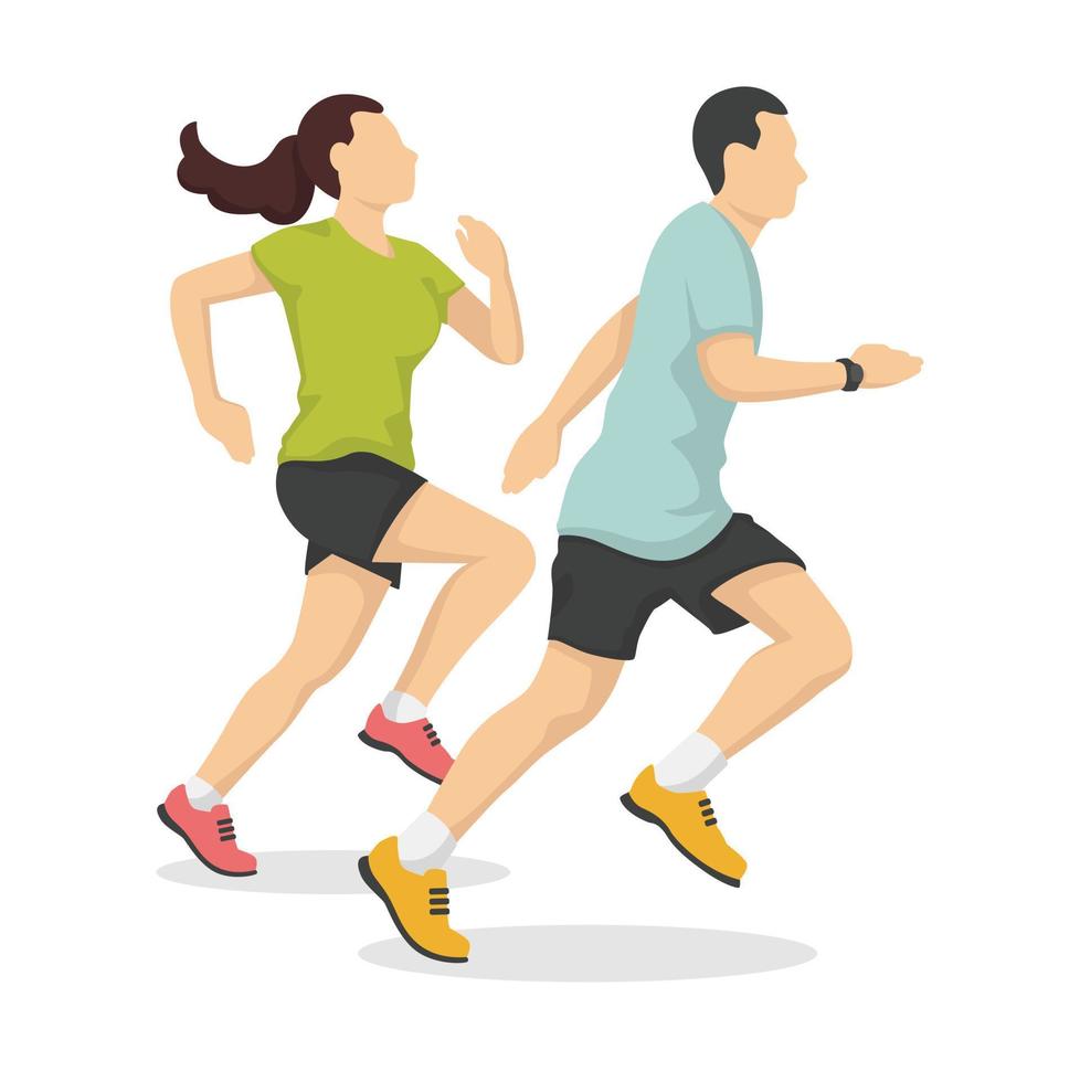 Man and woman are running in modern style vector illustration, healthy person simple flat shadow isolated on white background.