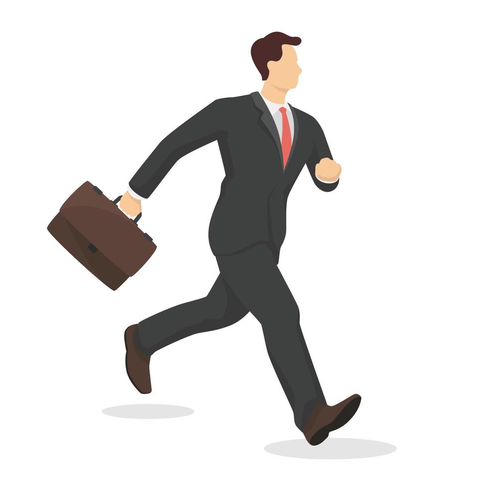 Running businessman with briefcase in modern style vector illustration, business person simple flat shadow isolated on white background.