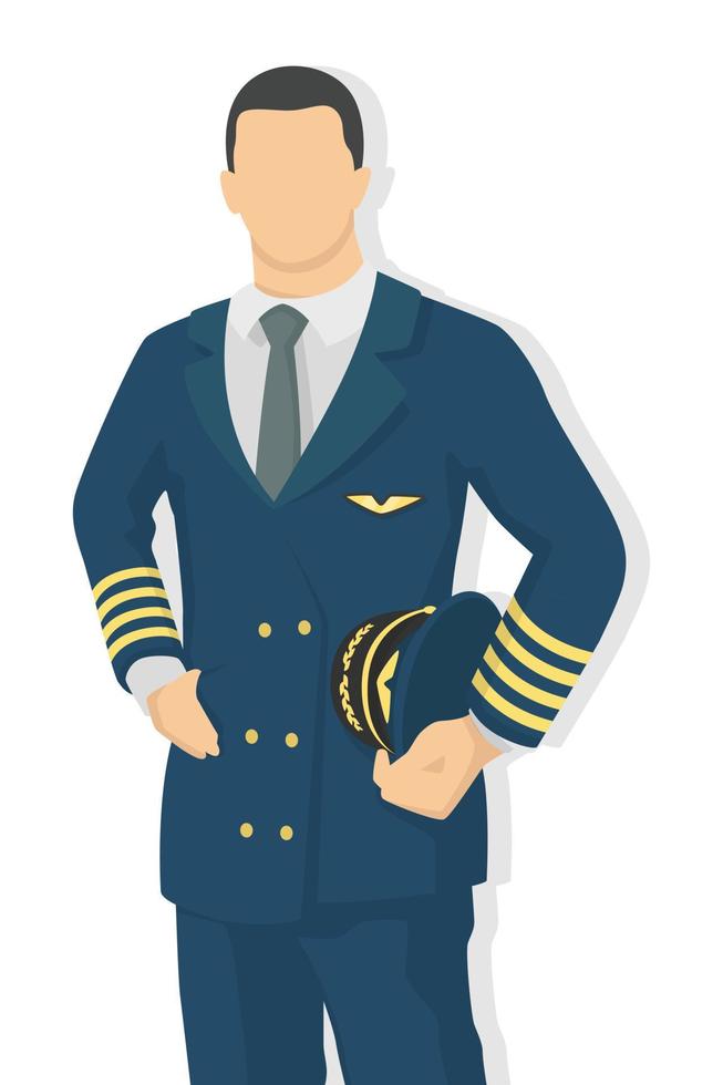 piloto de avión en la ilustración de vector de estilo moderno, sombra plana simple hombre aislado sobre fondo blanco, capitán.