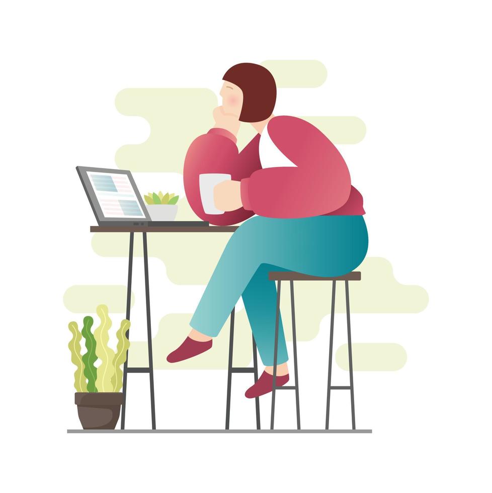 Sitting young woman with laptop for chatting in simple modern flat style vector, people and technology concept abstract for your design work, presentation, website. vector