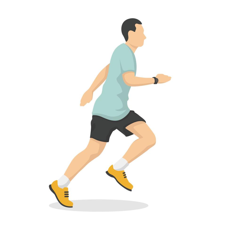 Running man in modern style vector illustration, healthy person simple flat shadow isolated on white background.