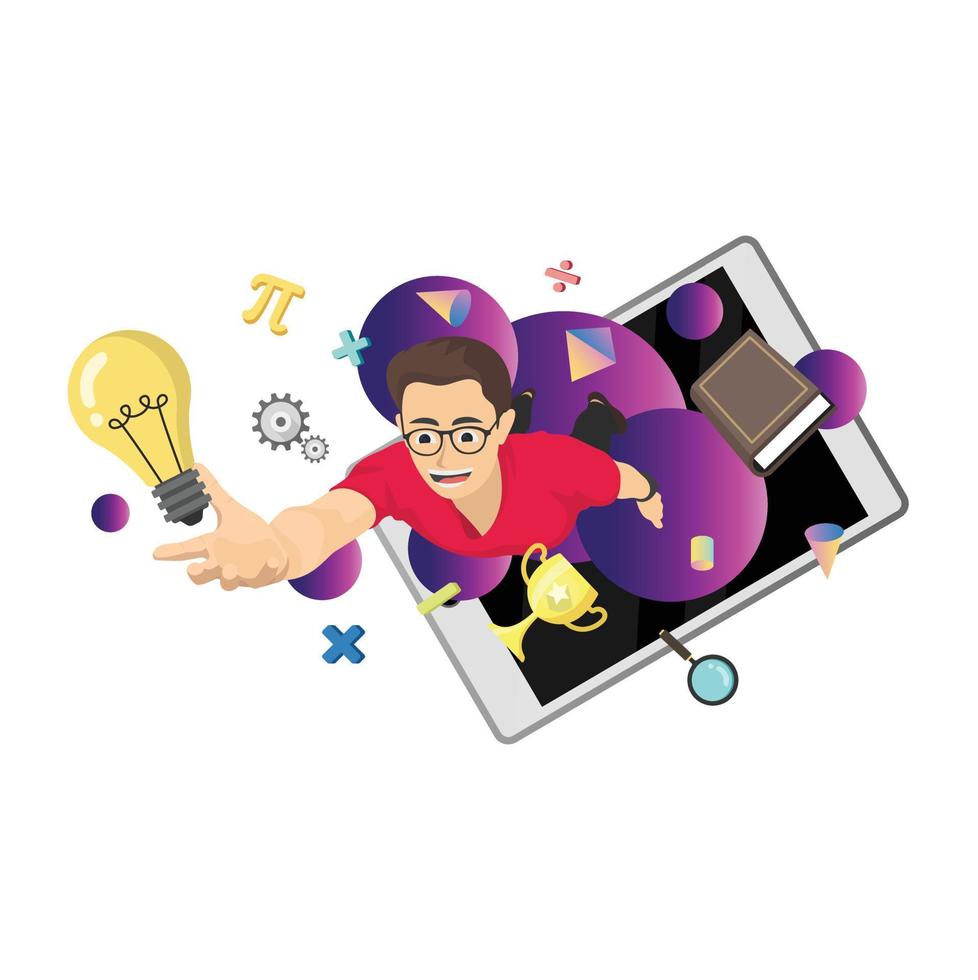 Flying boy with studying icon in simple flat style vector, online learning with computer or phone abstract concept background. vector