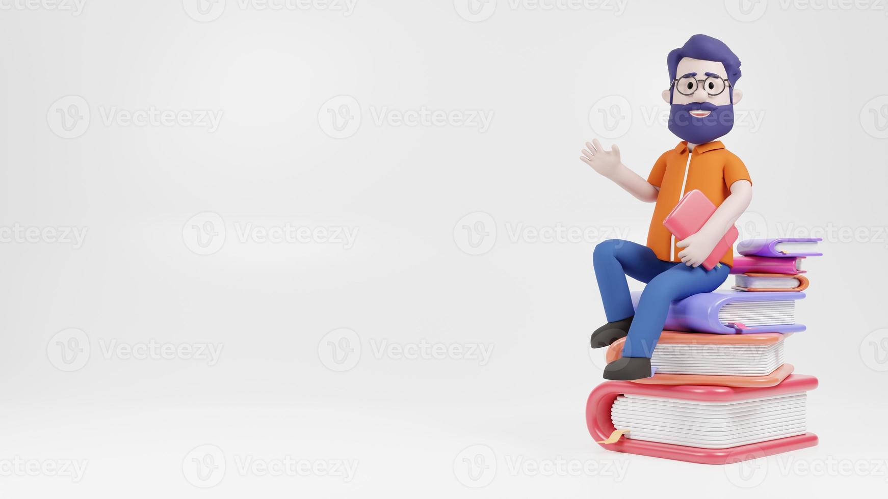 hombre de carácter 3d sentado en la torre de libros foto