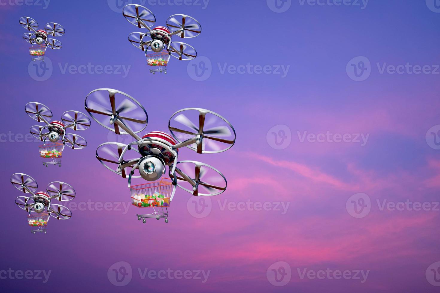 Group of drone delivery delivers a parcel cart supermarket package in the sky. photo