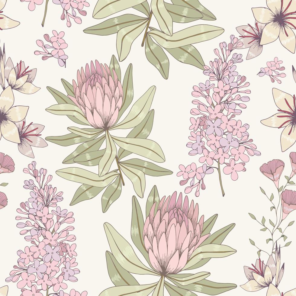 Seamless vector pattern with lilac and protea. Floral background