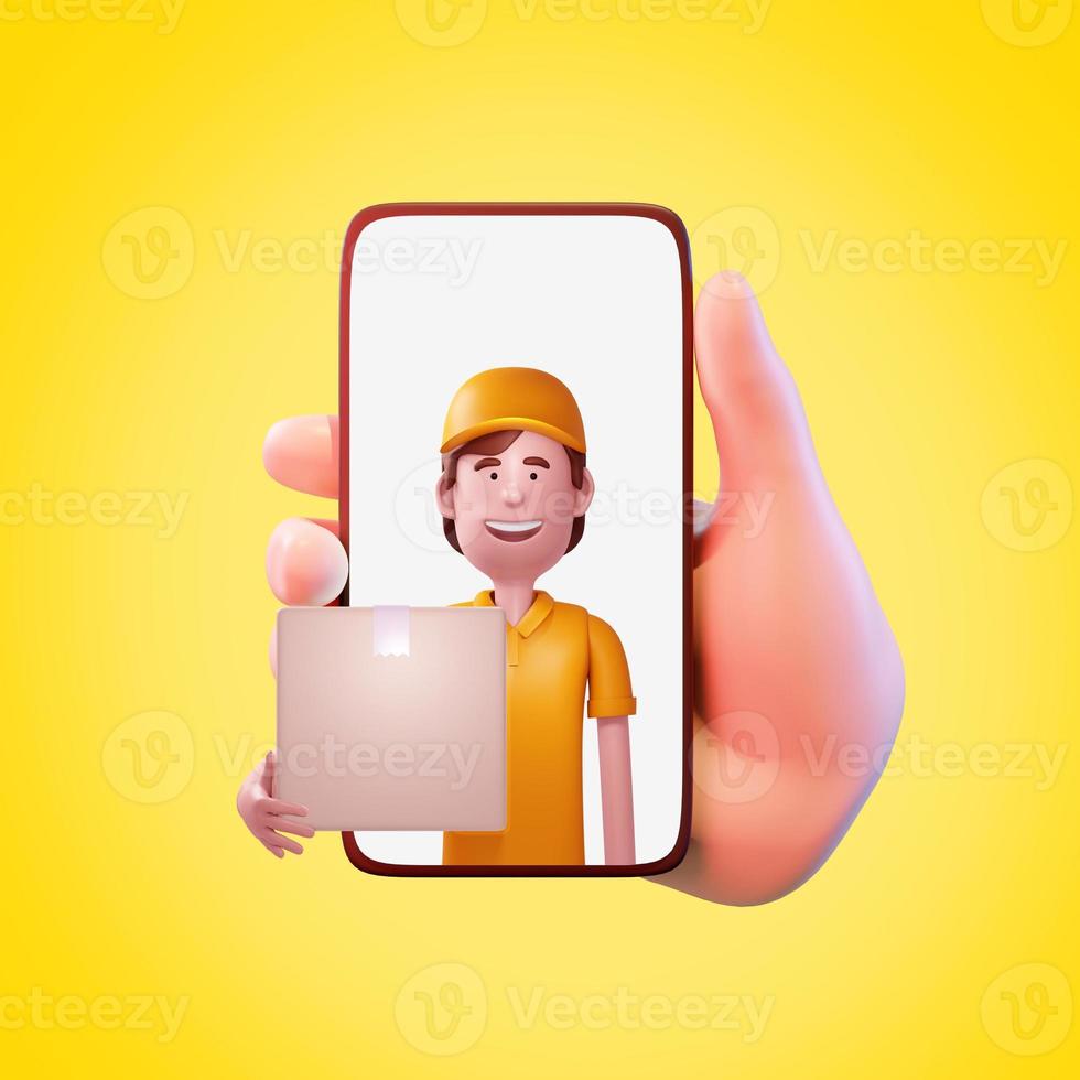 Hand holding mobile smart phone shopping concept. 3d render photo