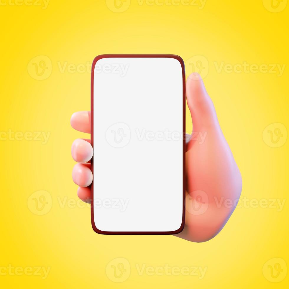Hand holding mobile smart phone with blank screen. 3d render photo
