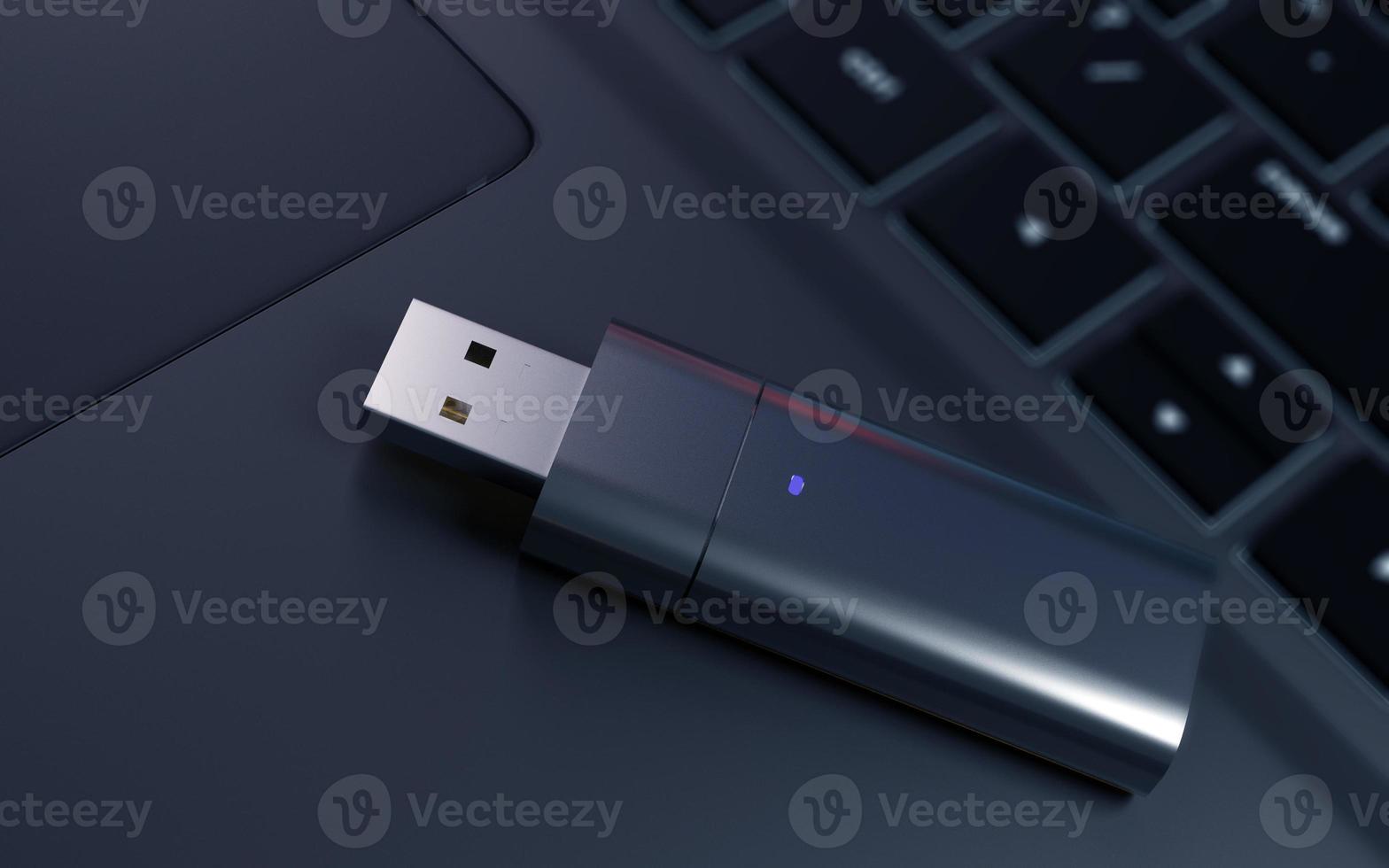 Usb memory stick on laptop. 3d render photo