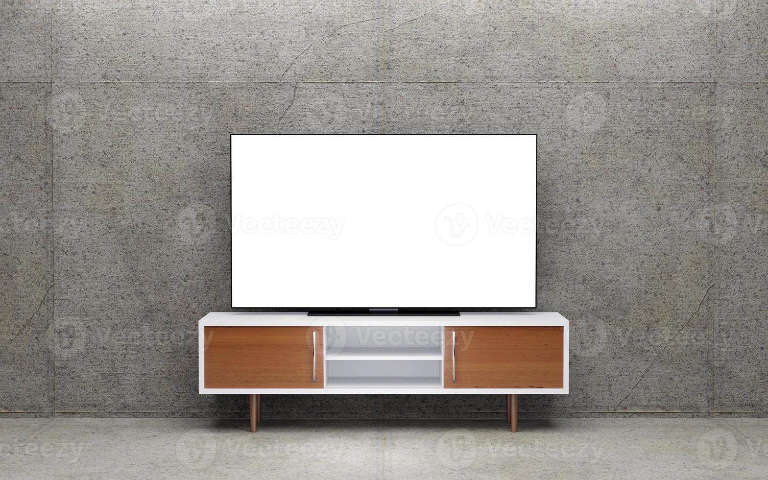 TV blank screen on tv stand. 3d render photo