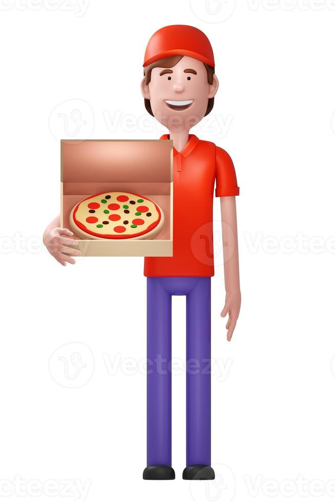 mensajero de entrega de pizza en uniforme rojo sosteniendo la caja con pizza, render 3d foto