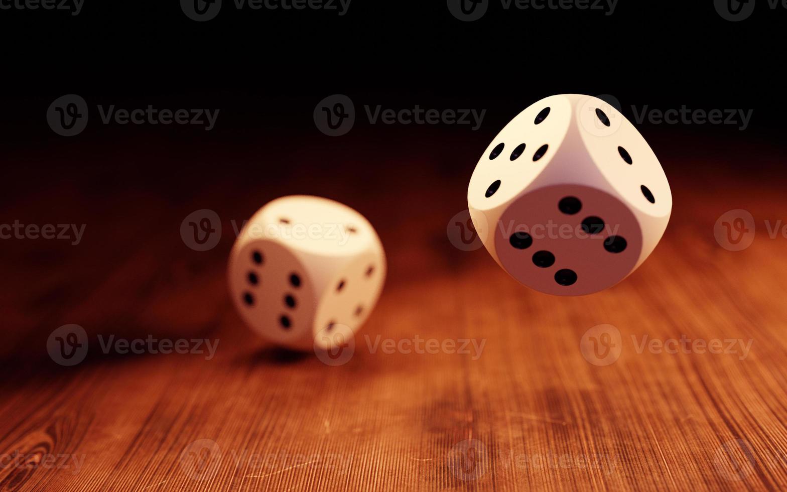 Rolling dices on a wooden surface. 3d render photo