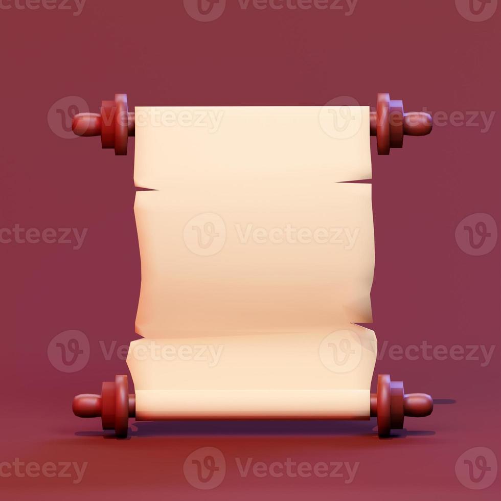 Vertical scroll or parchment with wooden handles. 3d render photo