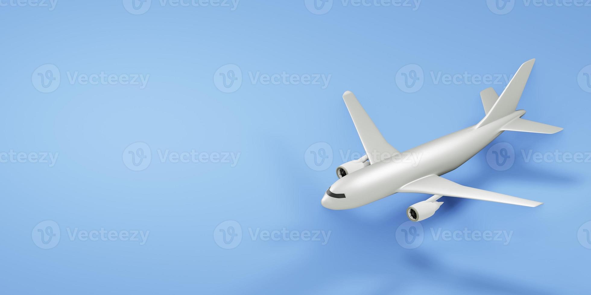 White airplane on blue background with copy space. 3d render photo