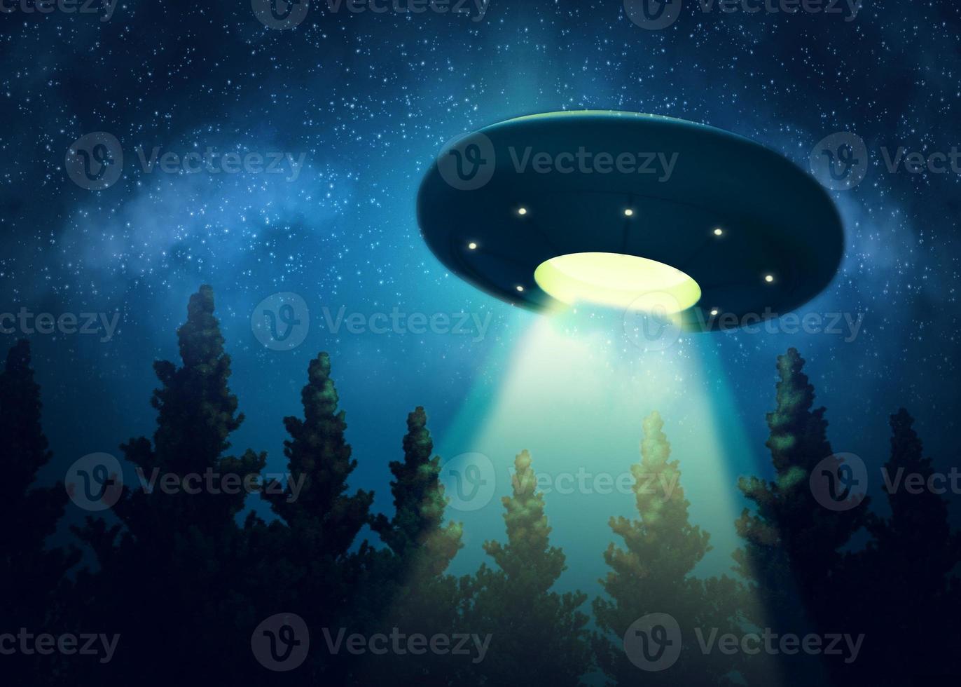 Ufo is hovering over the trees. Digital painting 3d render mix photo