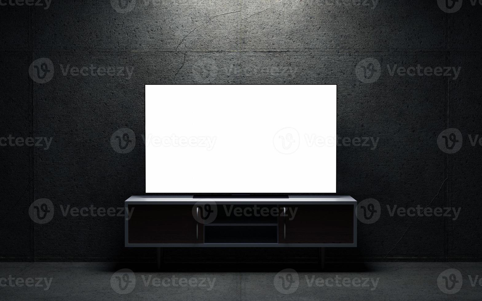TV blank screen on tv stand. 3d render photo