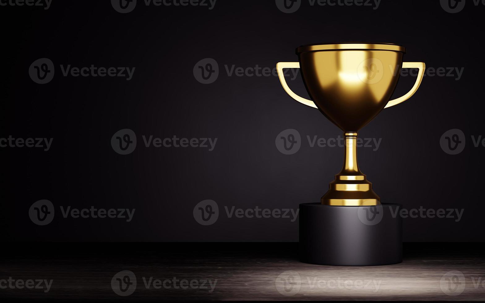 Golden trophy cup on wood. 3d render photo