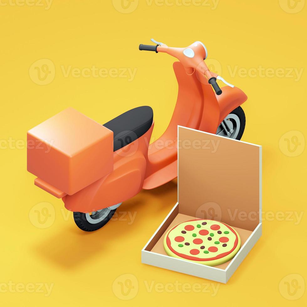 Pizza delivery scooter and pizza box. 3d render photo