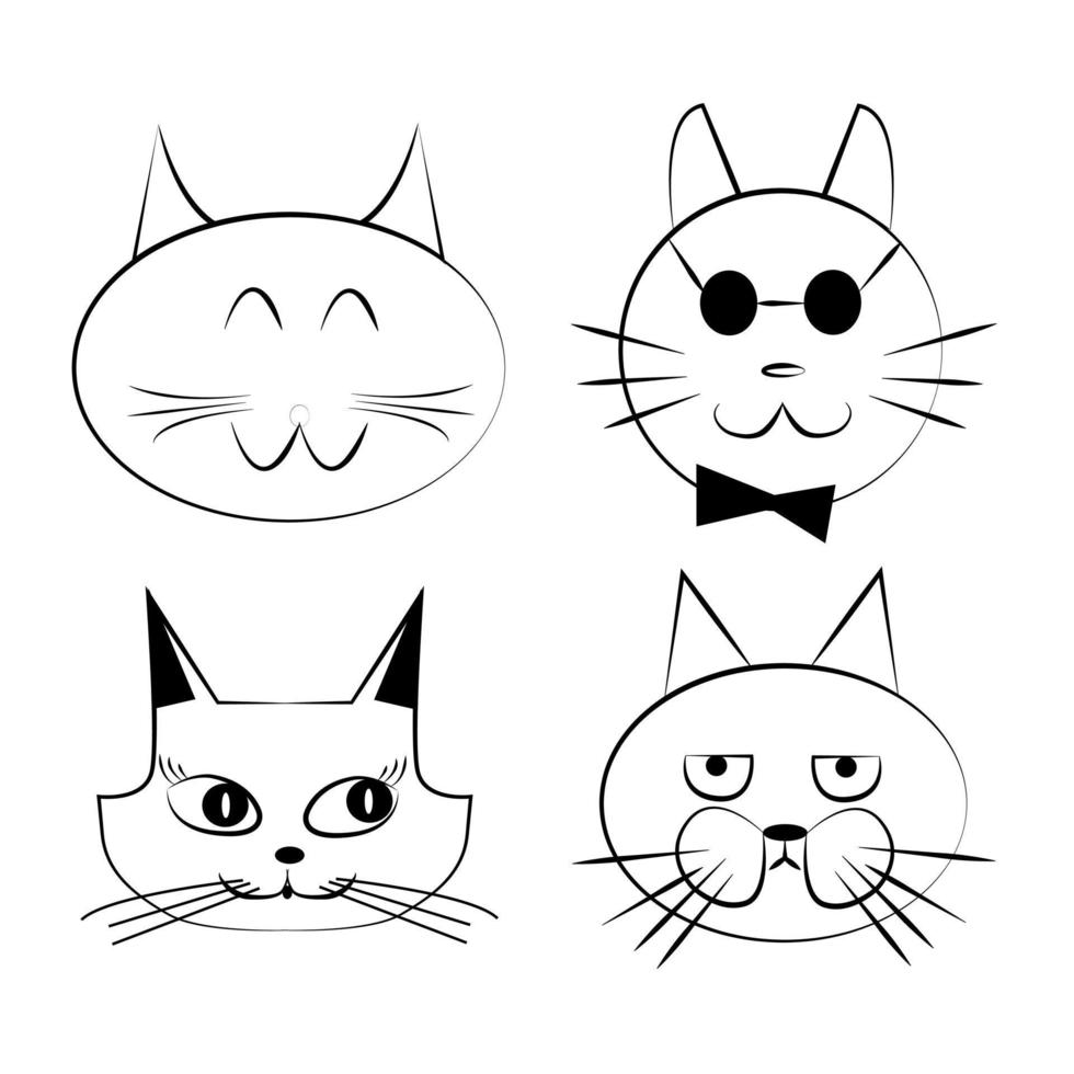 Set of hand drawn cats. Black contours of cats on a white background. Doodle style. Vector illustration