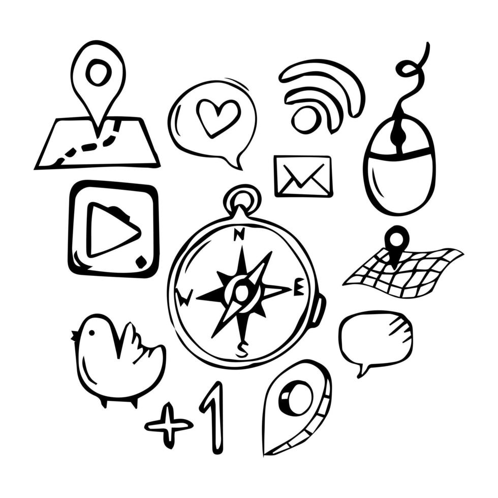 Compass, cloud for chat, map, navigation drawn in doodles style. Vector illustration