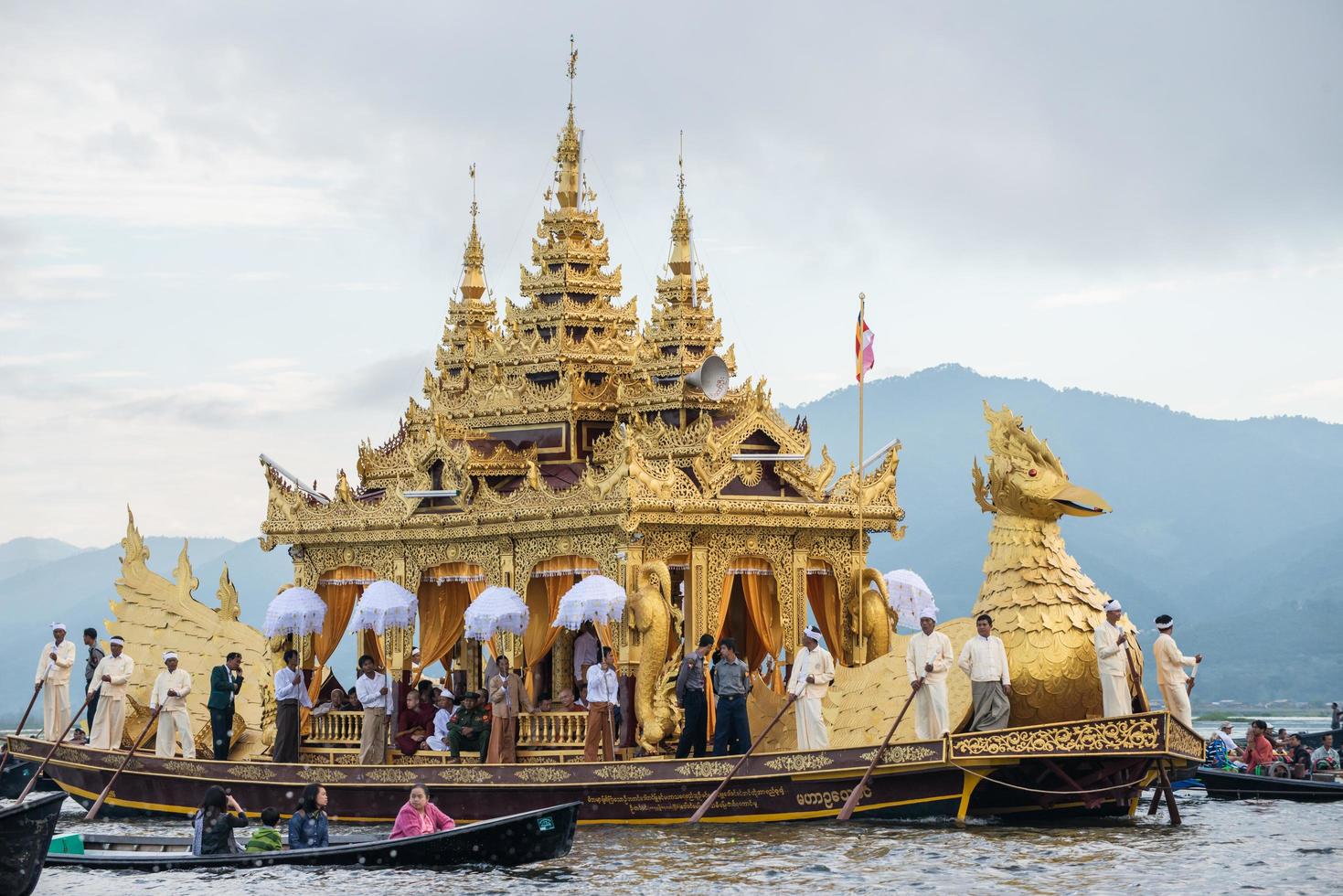 INLE-LAKE, MYANMAR - OCT 06 2014 - The festival of Phaung Daw Oo Pagoda at Inle Lake is once a year are ceremonially rowed around the Lake. photo