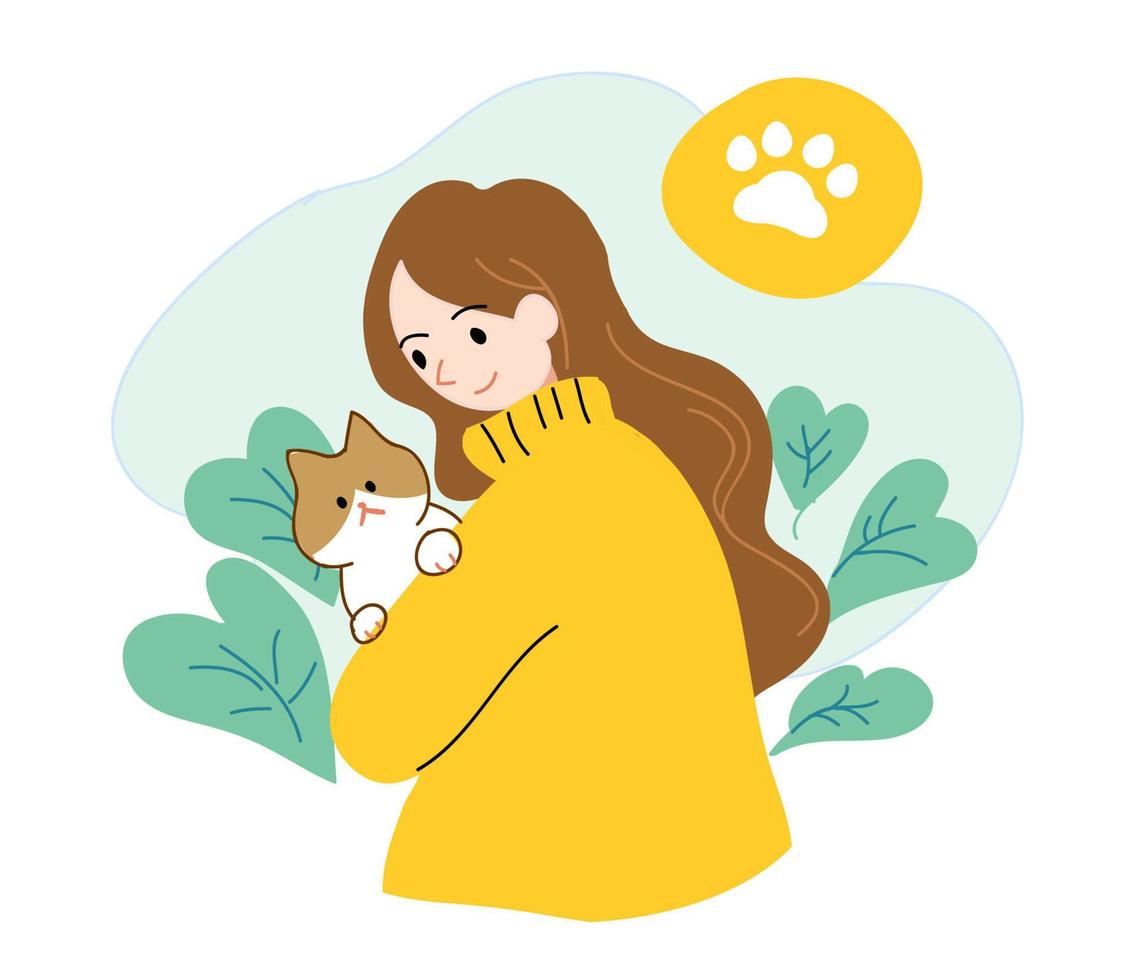 chica y gato de estilo plano con un ambiente cálido en el fondo natural vector