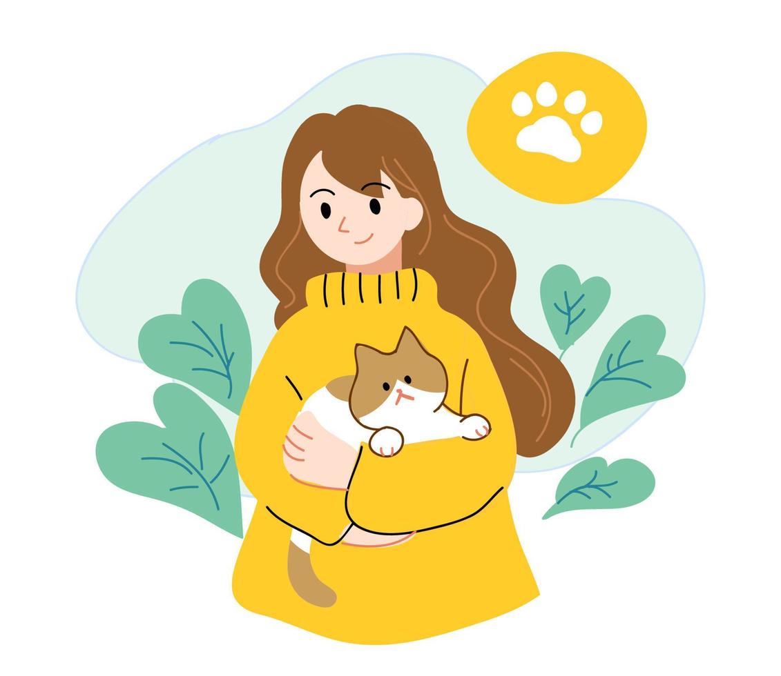 Girl holding pet cat with warm atmosphere on natural background vector