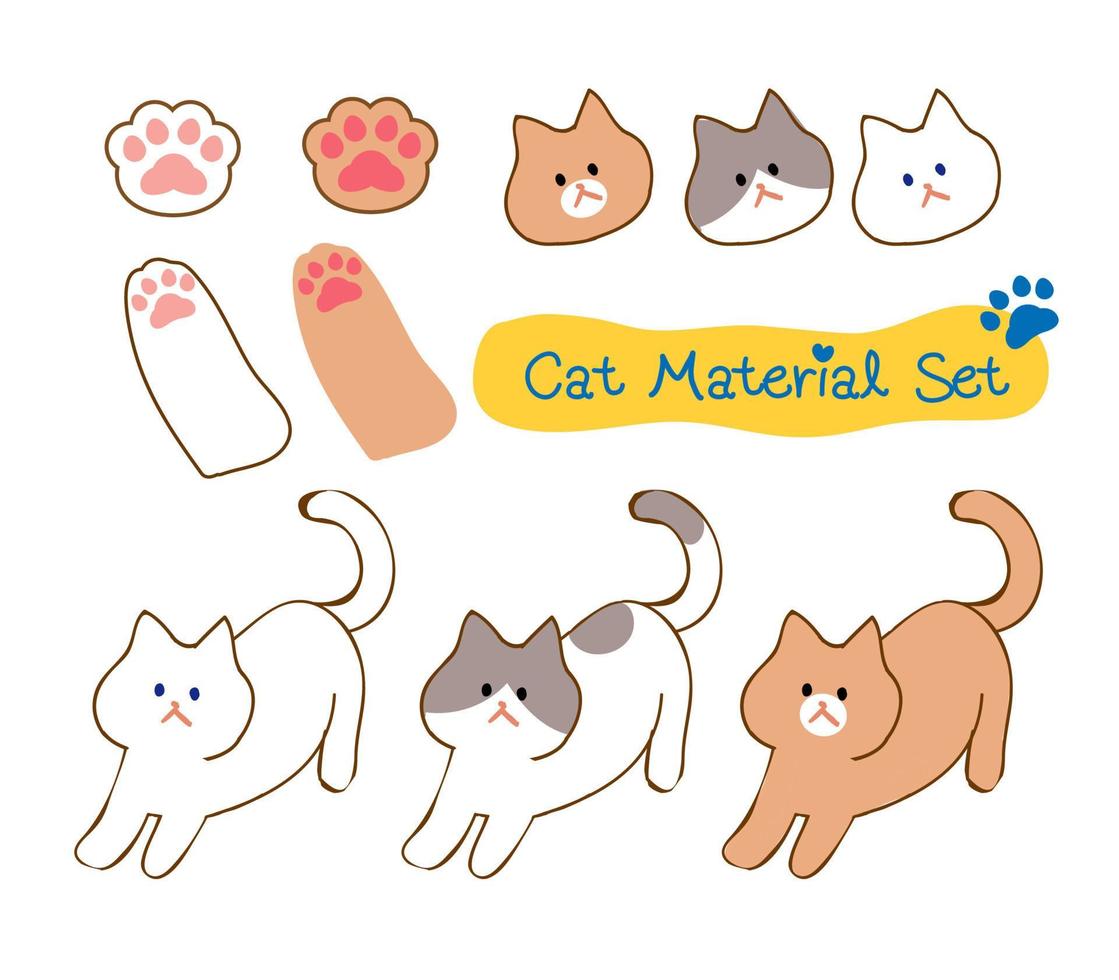 gatos y patas de diferentes colores, lindo gato dibujado a mano estirado, adecuado para el patrón vector