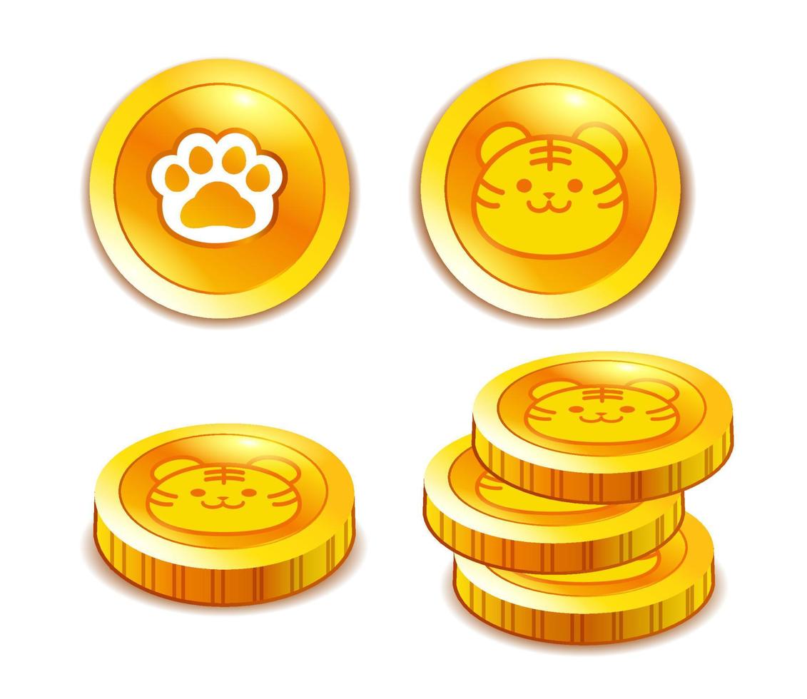 stack of tigers and animal paws on  gold ingots coin. vector