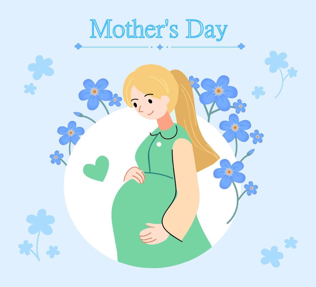 Pregnant woman, cartoon character in flat style. Beauty waiting for baby. Mother's Day card full of flowers vector