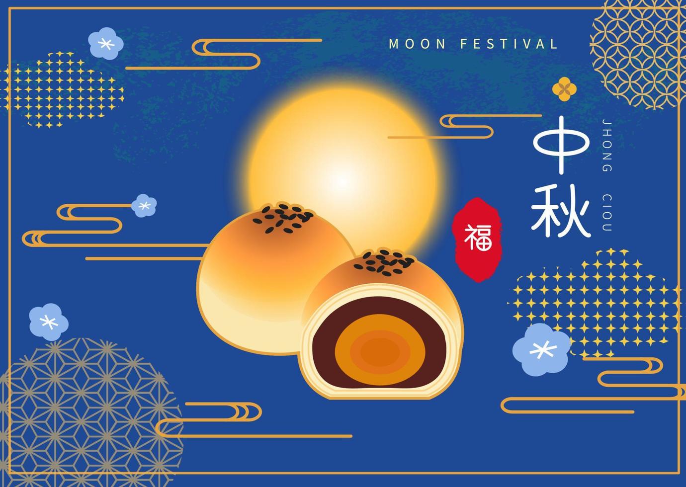 moon and moon cake illustration on blue background. Chinese translation Happy Mid-Autumn Festival vector
