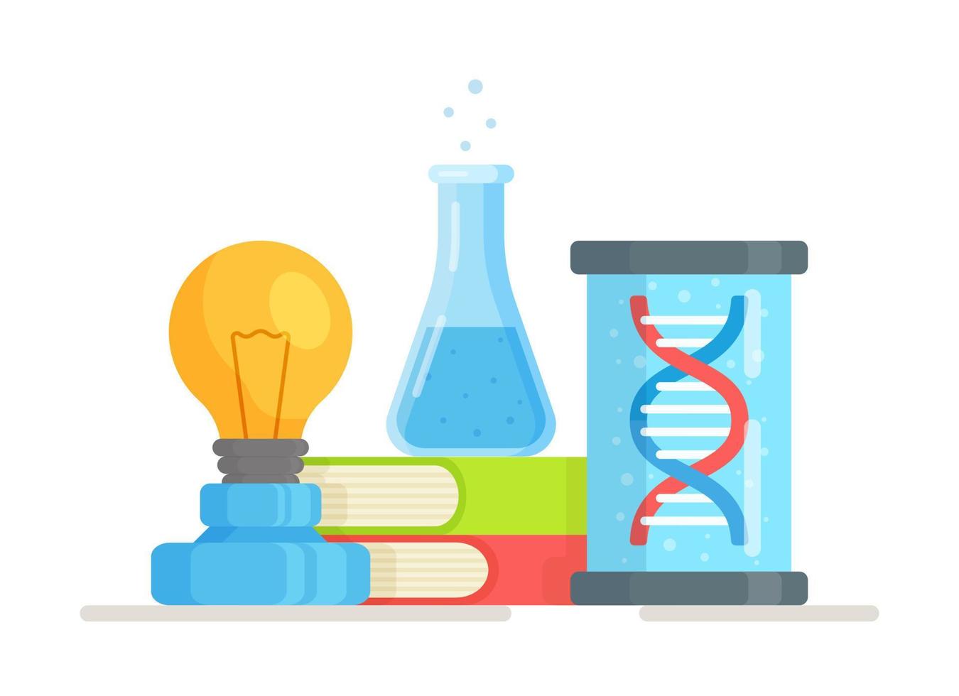 Vector illustration of science lab icons on a white background. Physical and chemical instruments. Light bulb, books, flask, DNA.