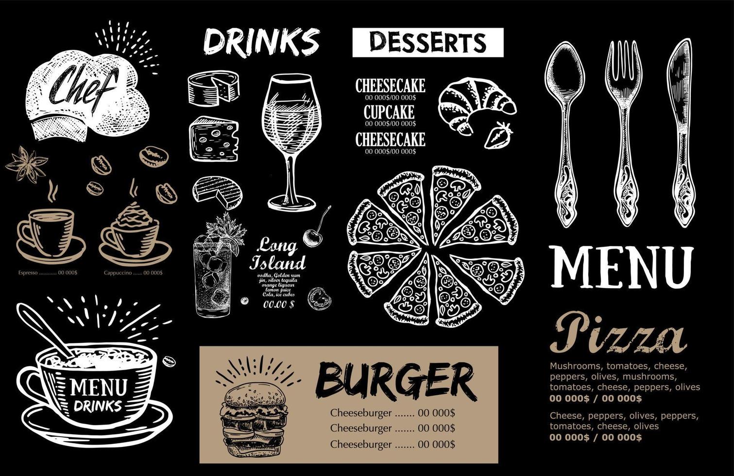 Restaurant menu, template design.. Food flyer. Hand-drawn style. Vector illustration.