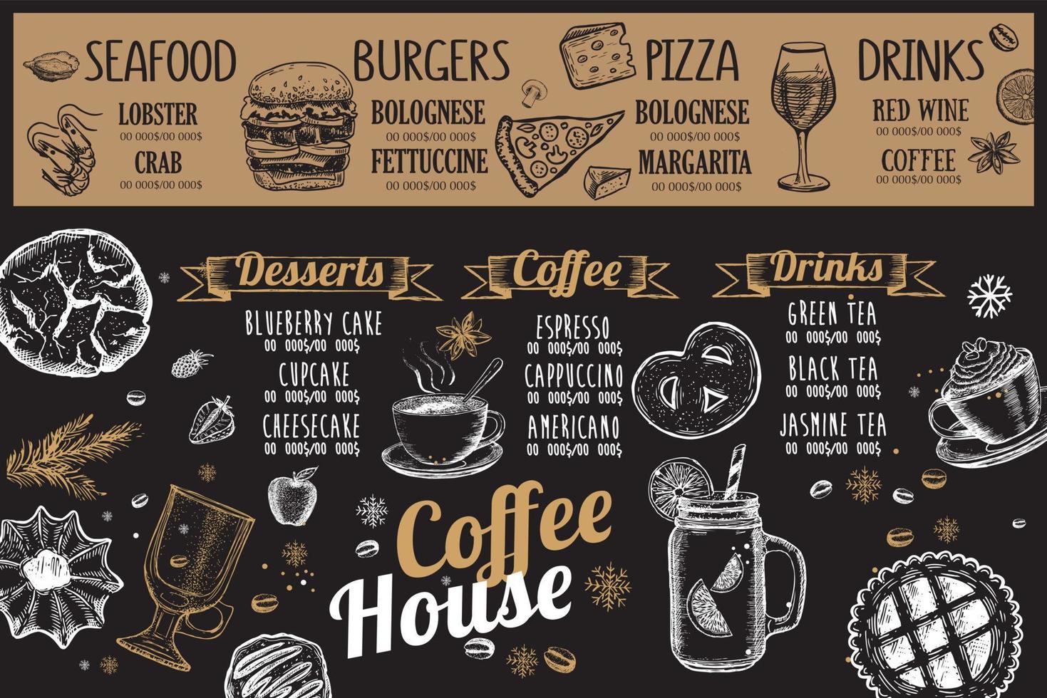 Restaurant menu, template design.. Food flyer. Hand-drawn style. Vector illustration.