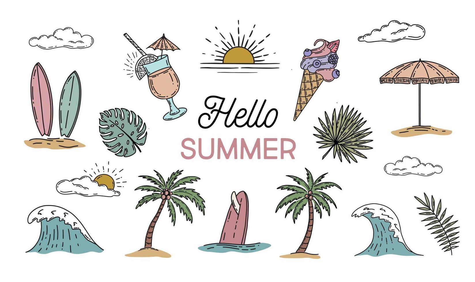 Summer icon set, hand drawn illustration. vector