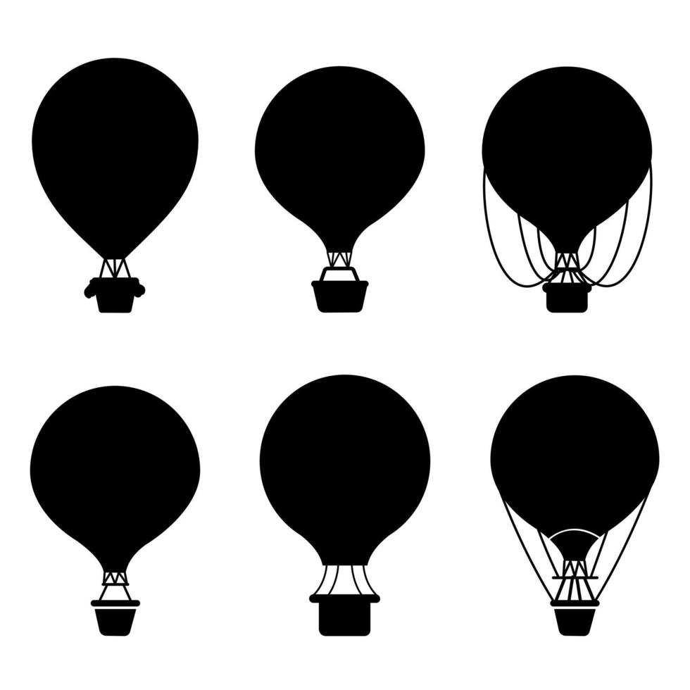 A set of vector silhouettes of hot air balloons isolated on a white background.