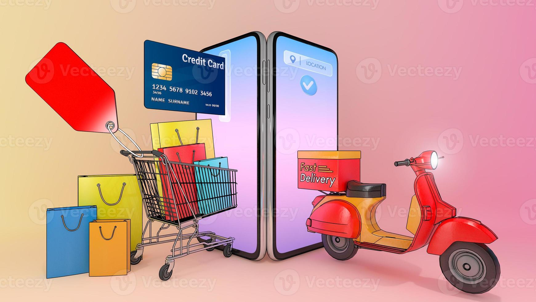 Bolsas de compras de papel de colores y tarjeta de crédito en un carrito con scooter aparecieron en la pantalla de los teléfonos inteligentes.,concepto de servicio de entrega rápida y compras en línea.,Ilustración 3d con ruta de recorte de objetos. foto