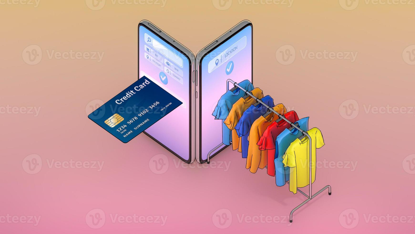 la tarjeta de crédito y la ropa en una percha aparecieron en la pantalla de los teléfonos inteligentes., compras en línea o concepto de adicto a las compras., ilustración 3d con ruta de recorte de objetos. foto