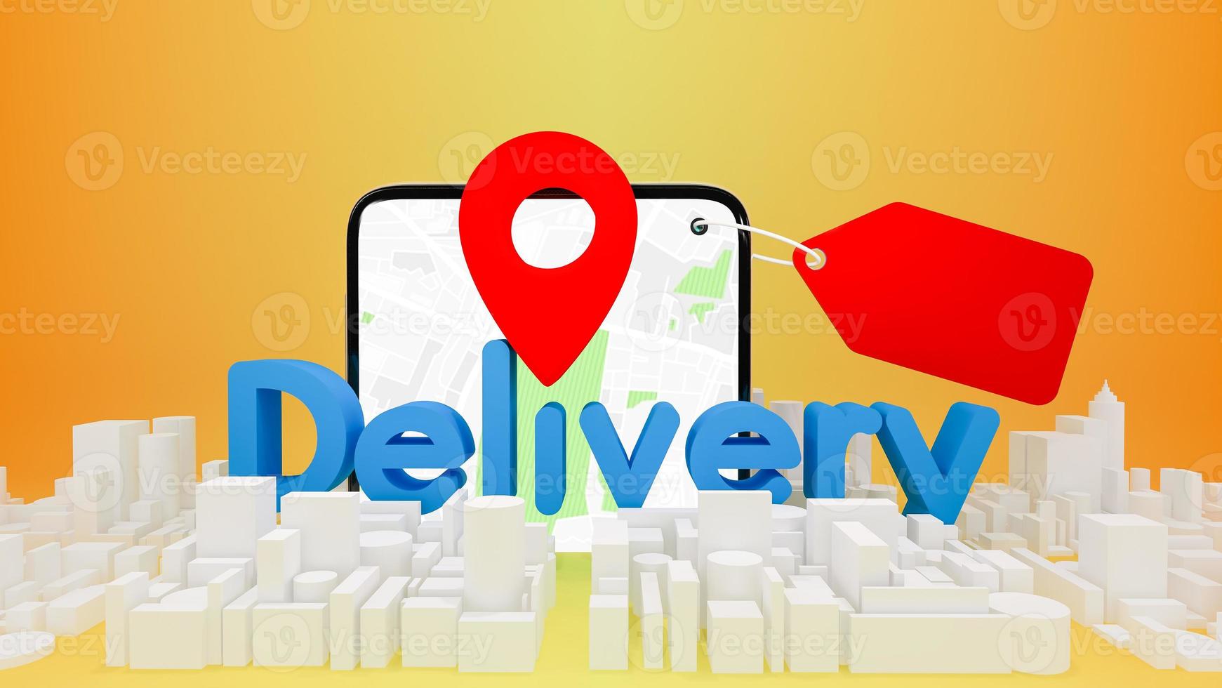 Model city map with red pin pointers and mobile phone.,delivery concept.,3D rendering. photo