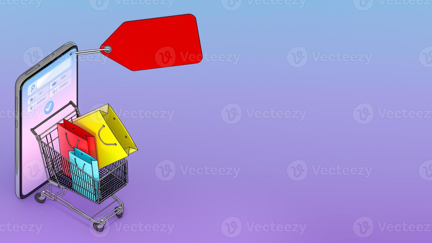 muchas bolsas de compras y etiquetas de precios en un carrito de compras aparecieron en la pantalla de los teléfonos inteligentes, compras en línea o concepto de adicto a las compras, ilustración 3d con ruta de recorte de objetos. foto