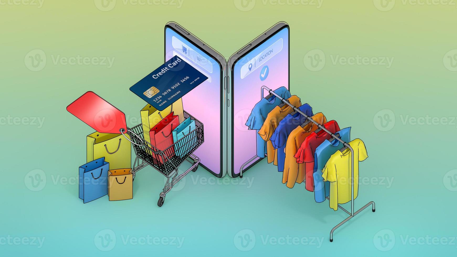 muchas bolsas de compras y etiquetas de precios en un carrito de compras y ropa en una percha aparecieron en la pantalla de los teléfonos inteligentes, compras en línea o concepto de adicto a las compras, ilustración 3d con ruta de recorte de objetos. foto