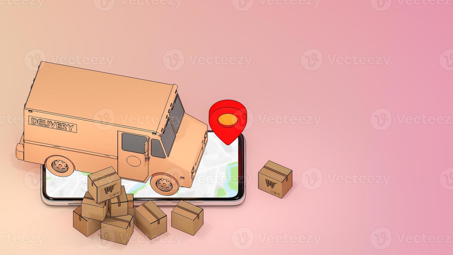 Mobile phone and truck van with many paper box and red pin pointers.,Online mobile application order transportation service and Shopping online and Delivery concept.,3D rendering. photo