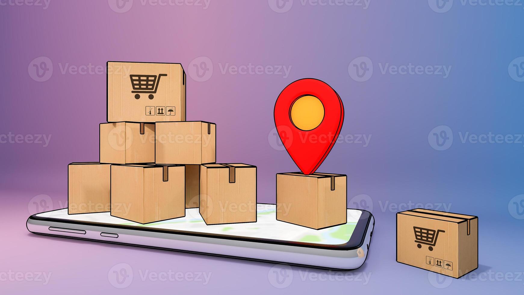 Mobile phone with many paper box and red pin pointers.,Online mobile application order transportation service and Shopping online and Delivery concept.,3D rendering. photo