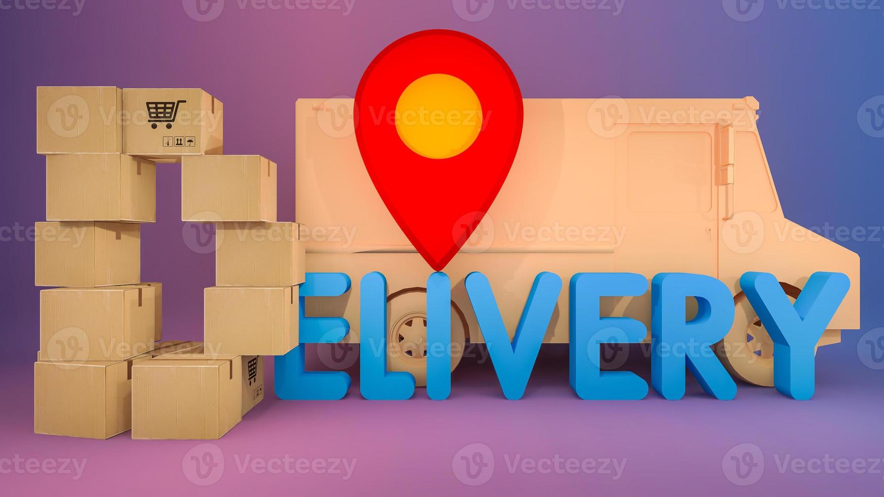 The paper box is arranged in a D shape with delivery font and red pin pointers., shopping online and delivery concept.,3D rendering. photo