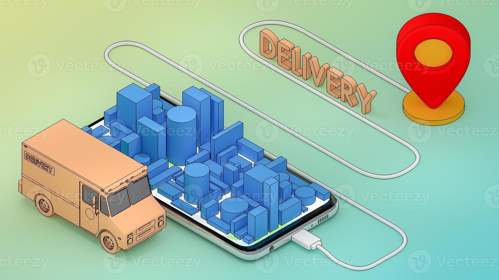 servicio de transporte de pedidos de aplicaciones móviles en línea.,concepto de entrega.,representación 3d. foto