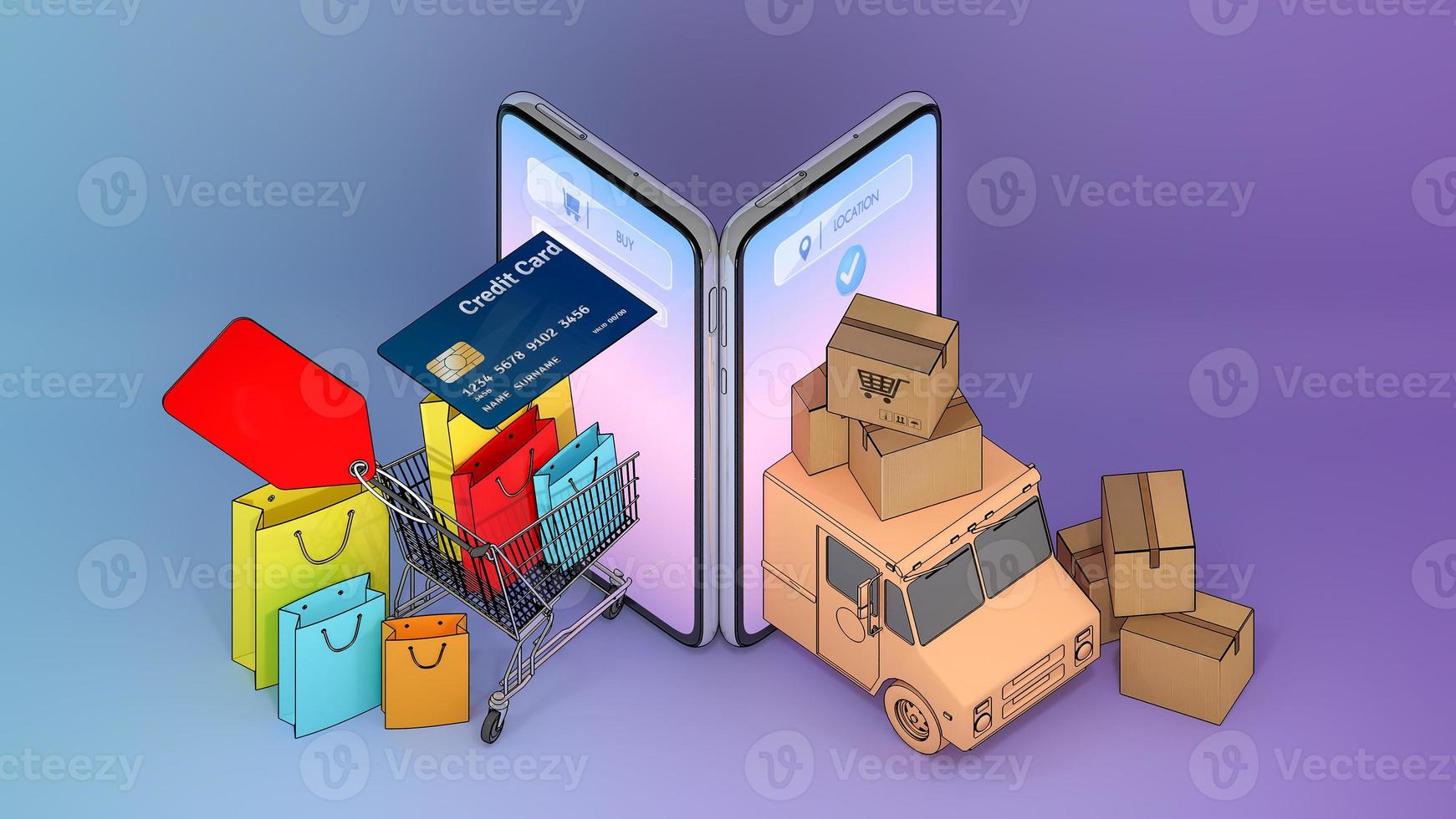 Colourful paper shopping bags and credit card in a cart with Truck van appeared from smartphones screen.,Online mobile application order Shopping online and Delivery concept.,3D rendering. photo